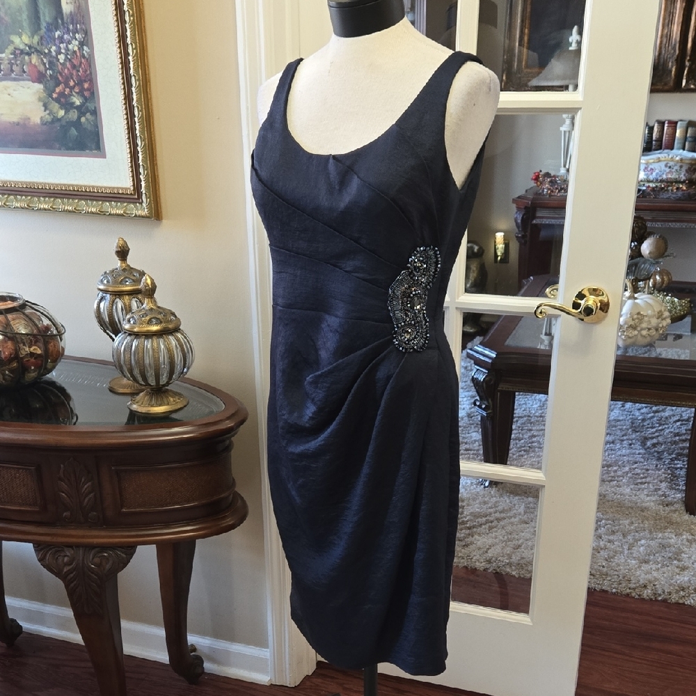 Adrianna Papell Midnight Blue Beaded Midi Dress Sleeveless Built In Bra 10 EUC